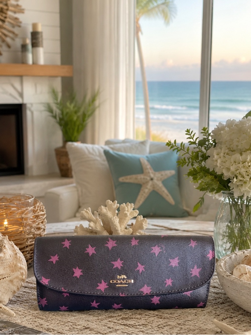Coach Star Print Soft Leather Continental Wallet With Charm